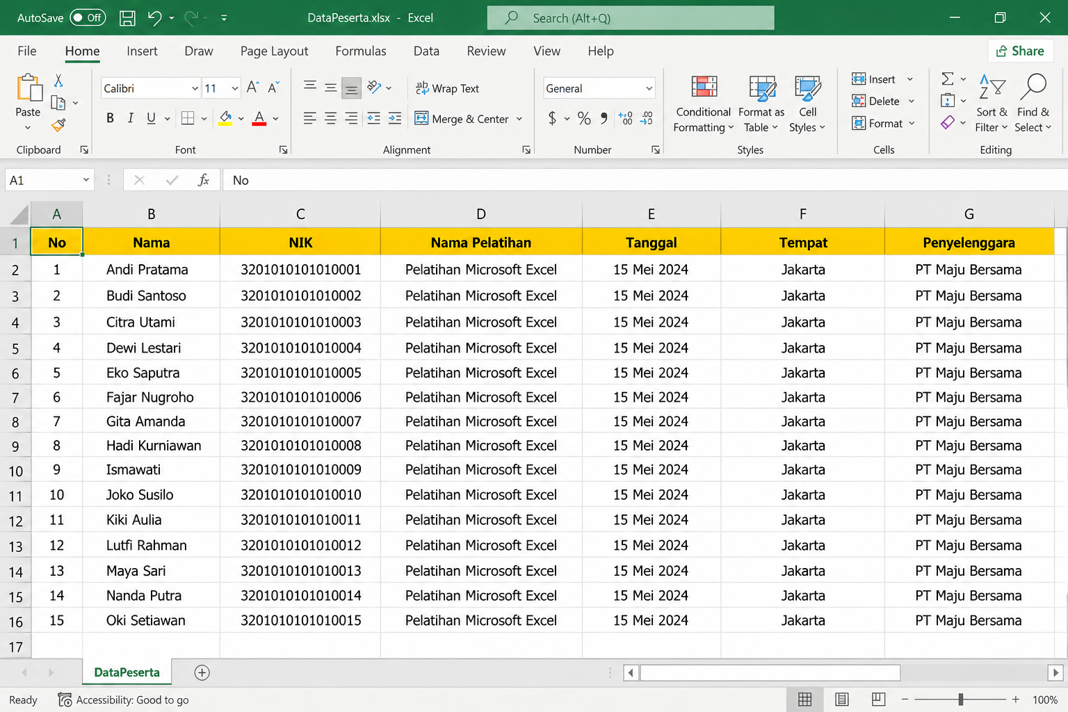 Data Excel Sertifikat